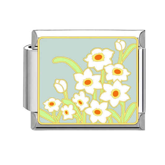Charm plateado flores blancas
