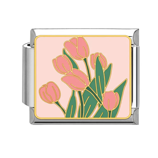 Charm plateado tulipanes rosas.