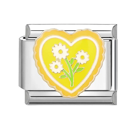 Charm plateado flores y corazon amarillo